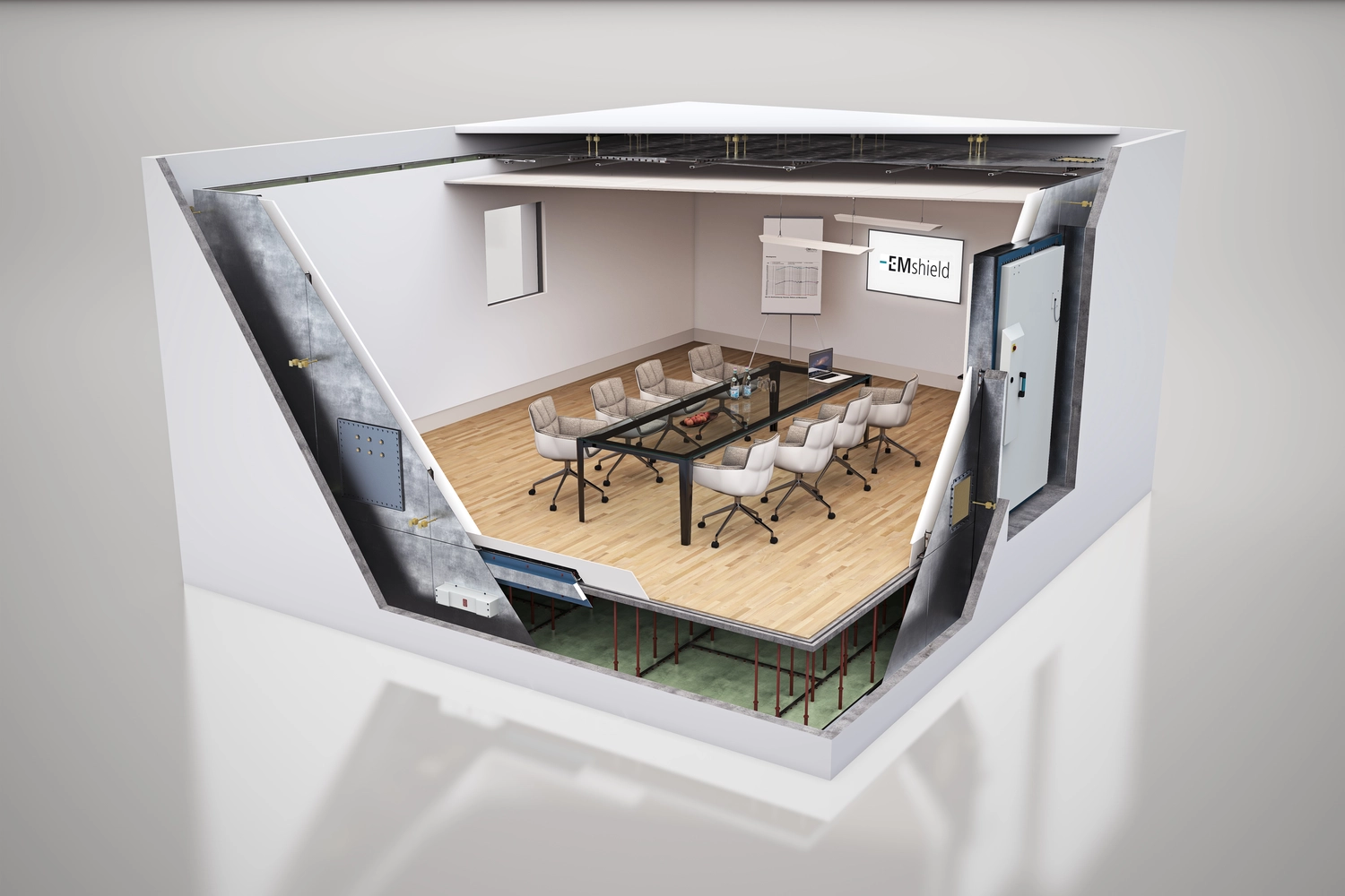 EMshield GmbH – Architektur und Unternehmenssicherheit – Dieses Bild zeigt ein EMshield ARCtec Raum-in-Raum-Abschirmungssystem zum Schutz vor elektromagnetischen Impulsen (EMP) und Abhören.